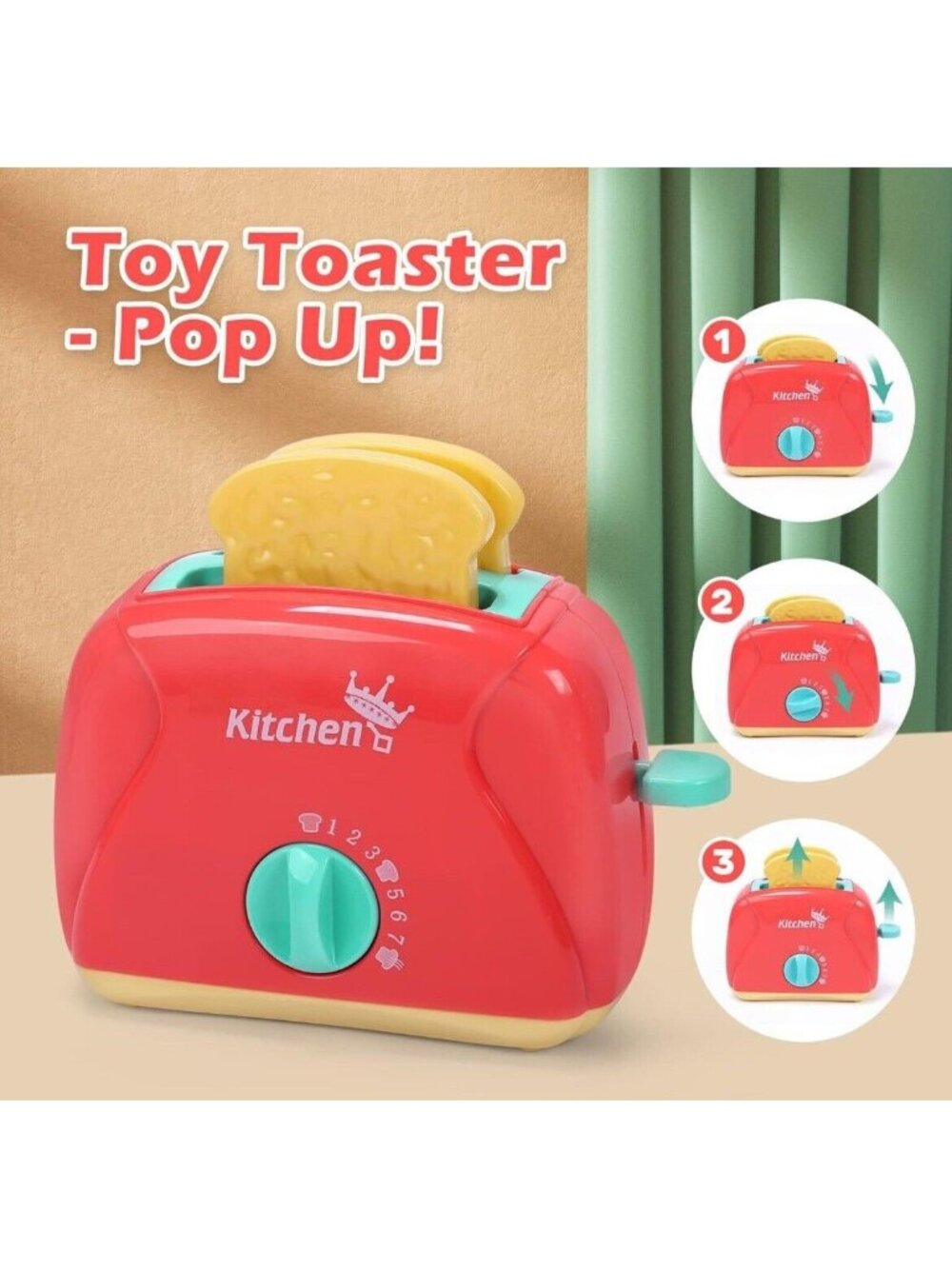 3 Piece Kids Toy Pretend Kitchen Play Toaster w/ Bread Timer Sound & Pop Up Cute